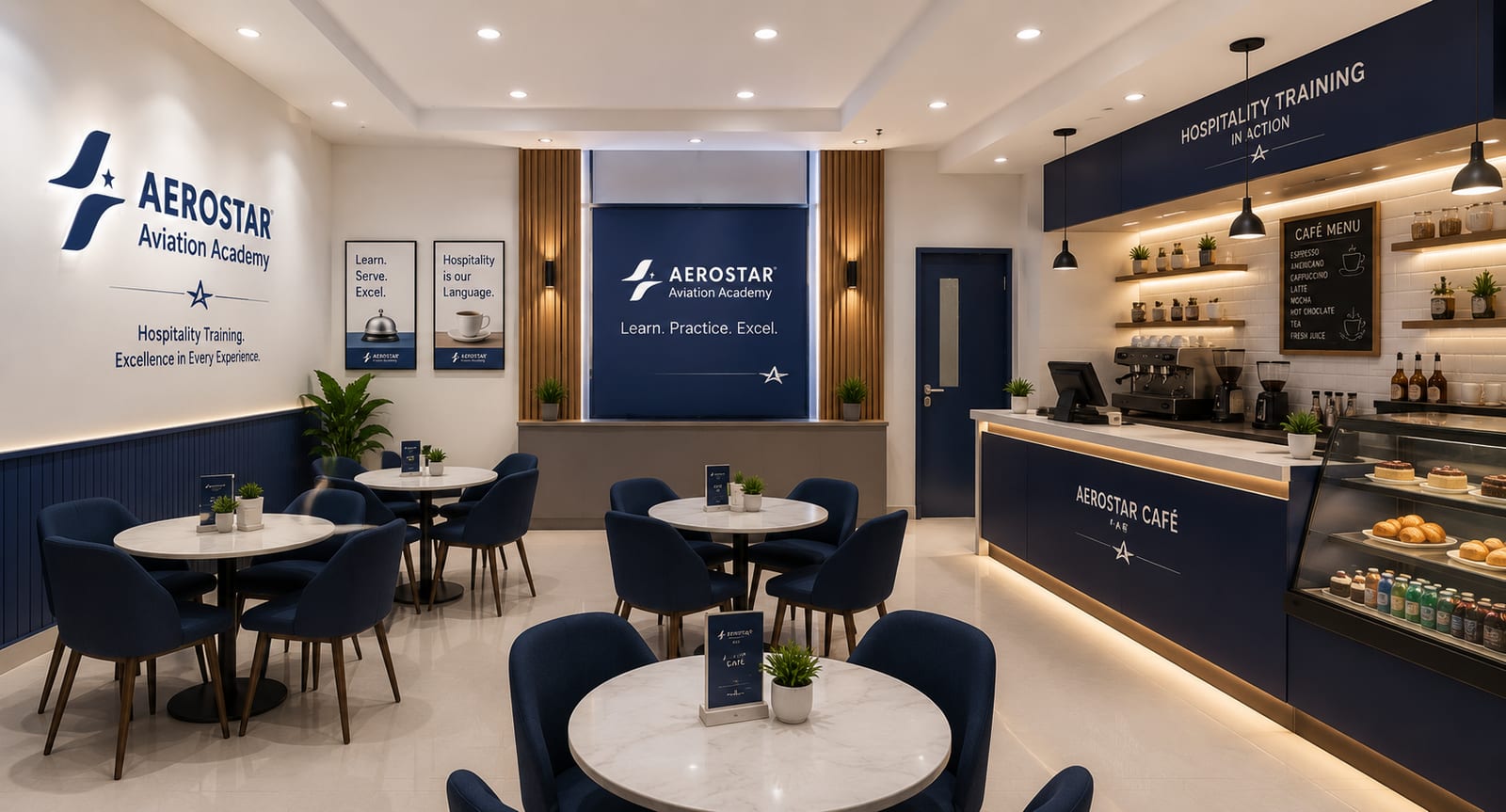 Aerostar Café hospitality training area with service counter, seating, and café equipment