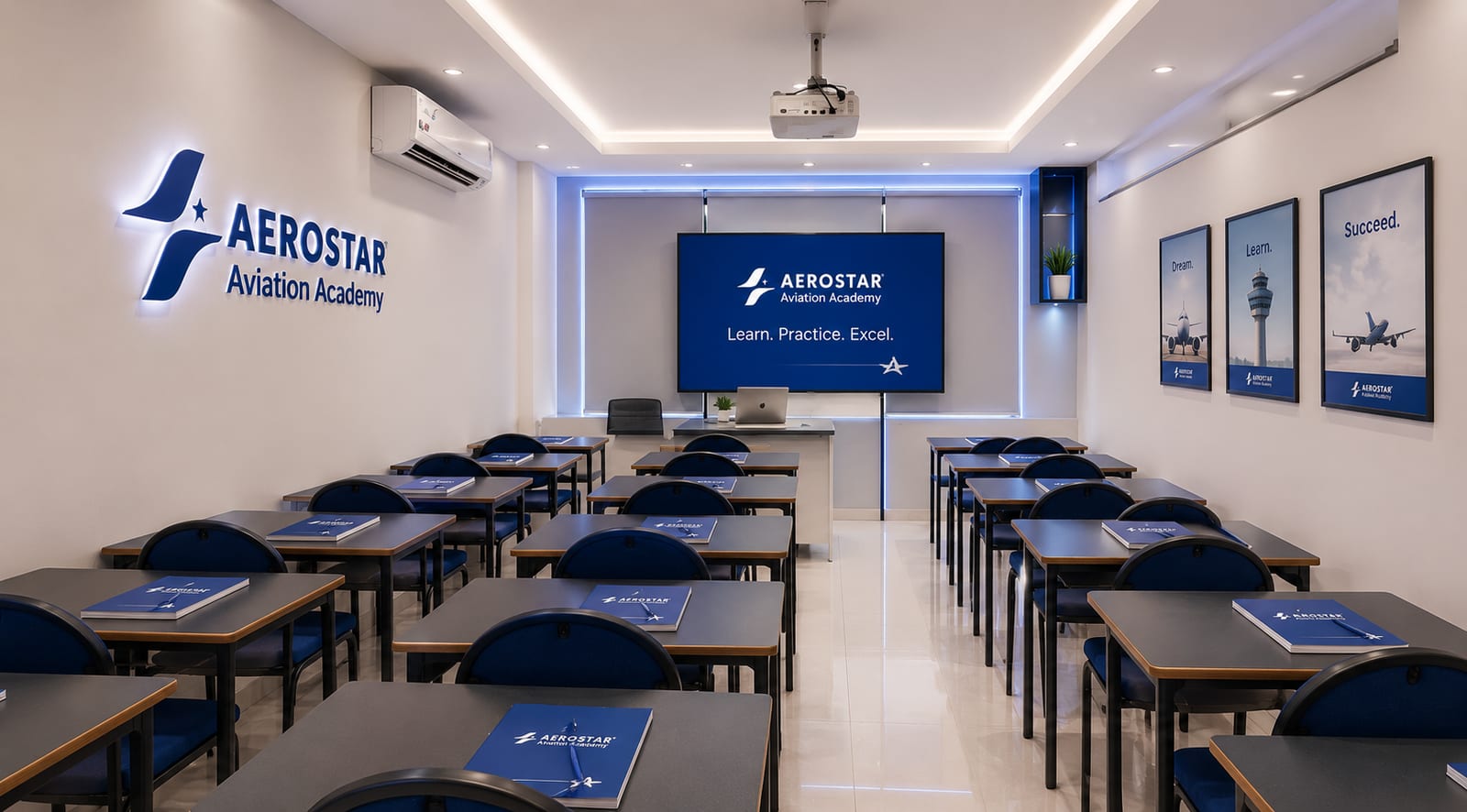 Modern aviation classroom with projector, branded desks, and Dream Learn Succeed wall posters