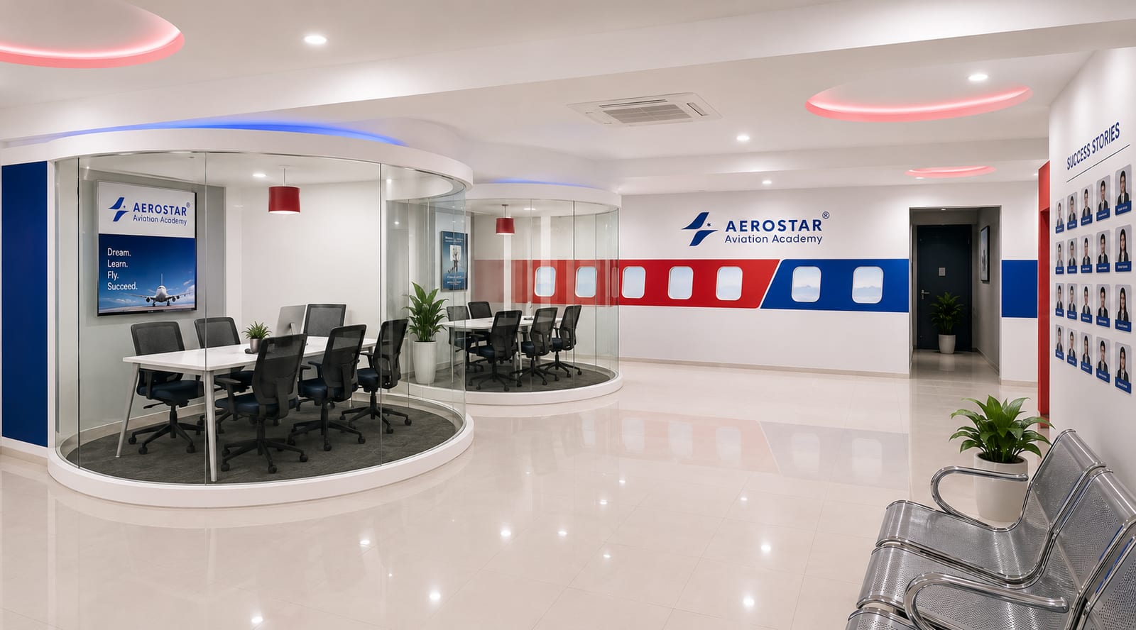 Glass-walled meeting pods and collaborative training spaces at Aerostar Aviation Academy