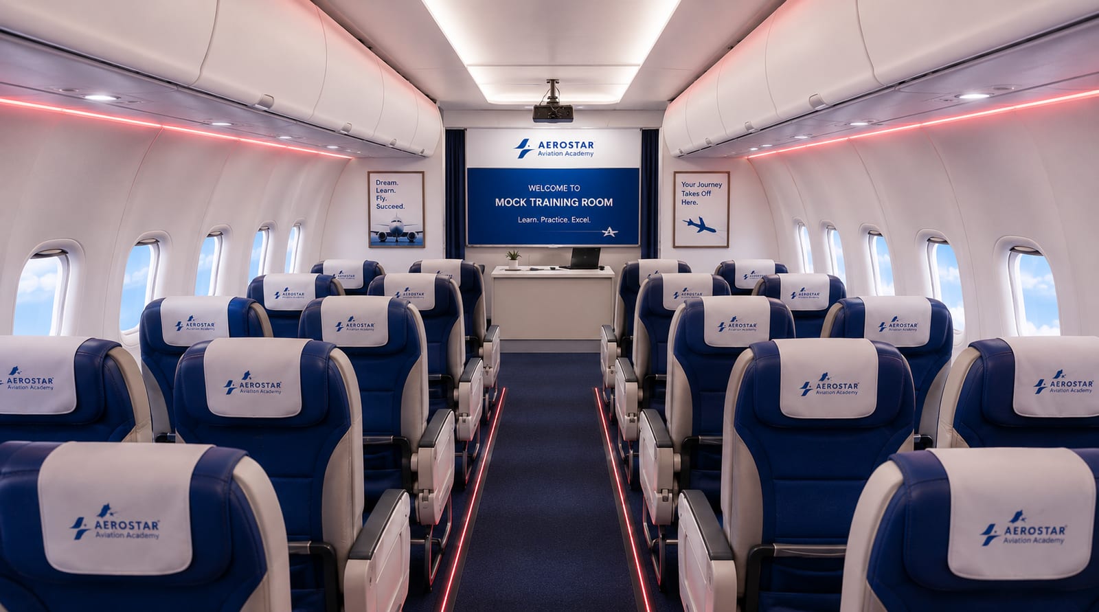 Mock aircraft cabin training room with branded seats, aisle lighting, and welcome screen