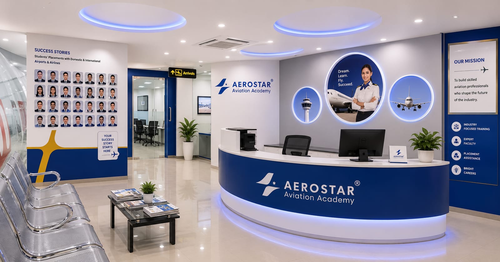 Spacious Aerostar reception lobby with waiting area, mission panel, and computer lab beyond